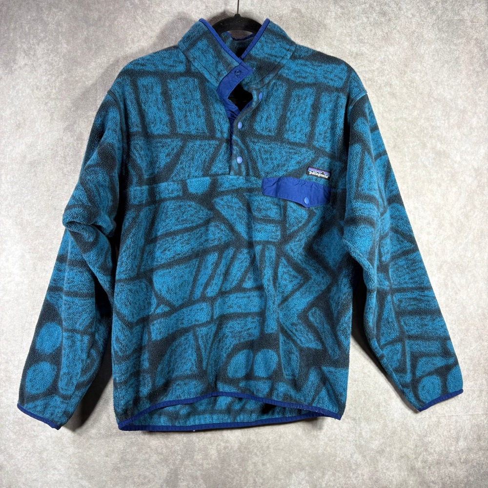 Patagonia Fleece Pullover‎ Mens Size Large Blue Synchilla Snap-T Geometric Aztec